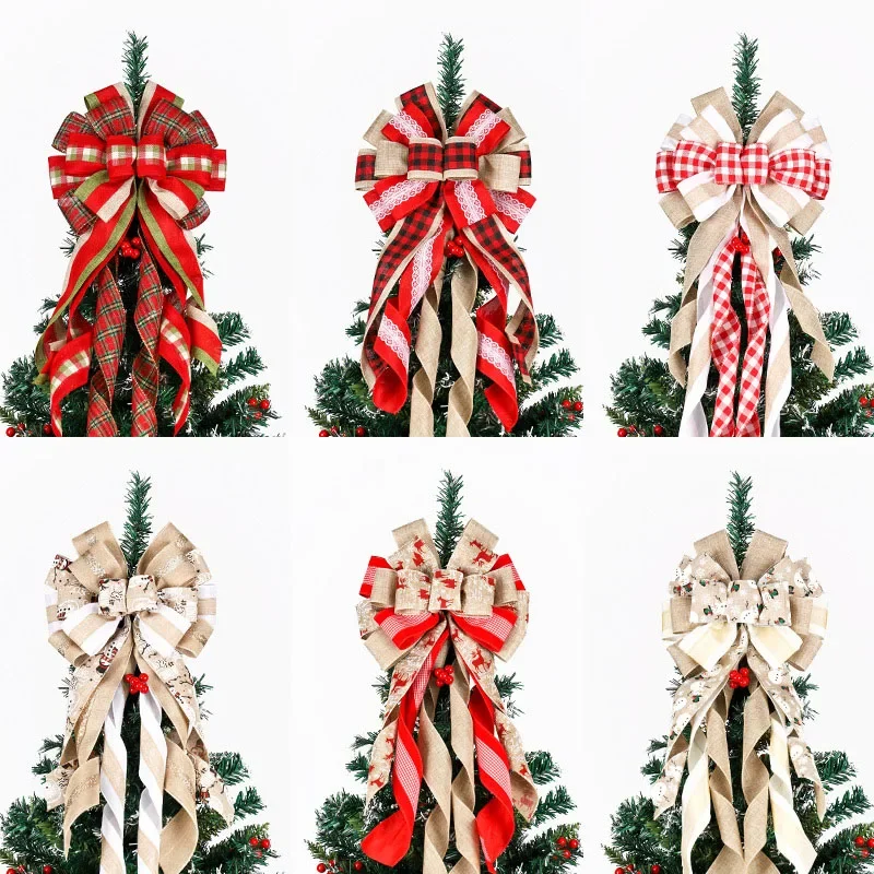 Christmas Tree Top Bow Linen Multi-colored Optional Handmade Retro Christmas Drongo Tree Top Knot with Bound Wire