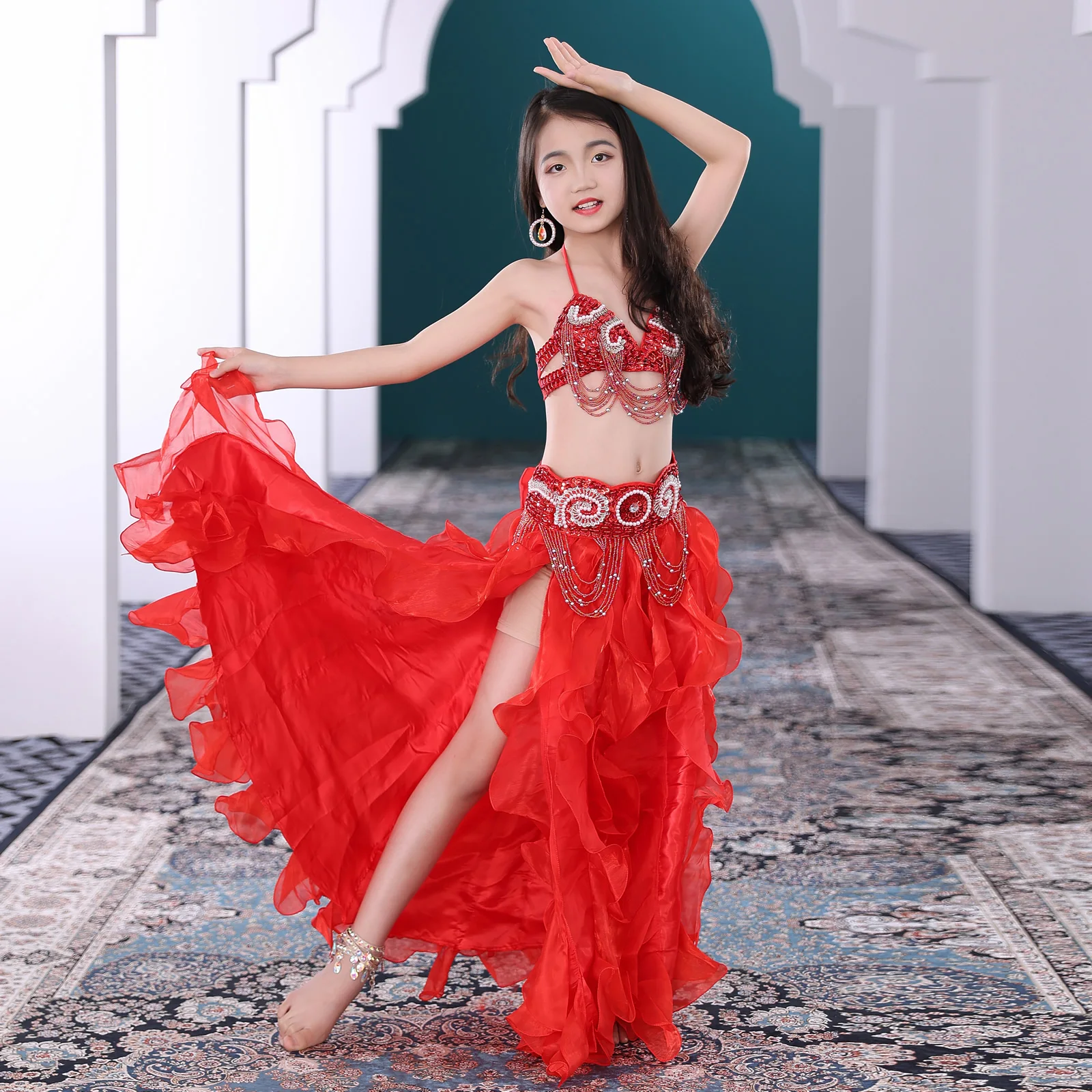 Kids Oriental Dance Performance Children Belly Dancing Clothes Girls Outfit Bra Belt Skirt Girls Beaded Belly Dance Costume Set