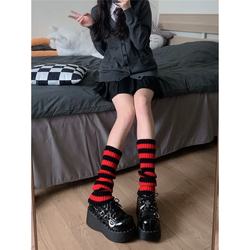 Y2k Goth Lolita Girls Cute Striped Knit Leg Warmers JK Uniform Gothic Women Leggings Gaiters Knee Knitted Cuffs Ankle Warmer 90s