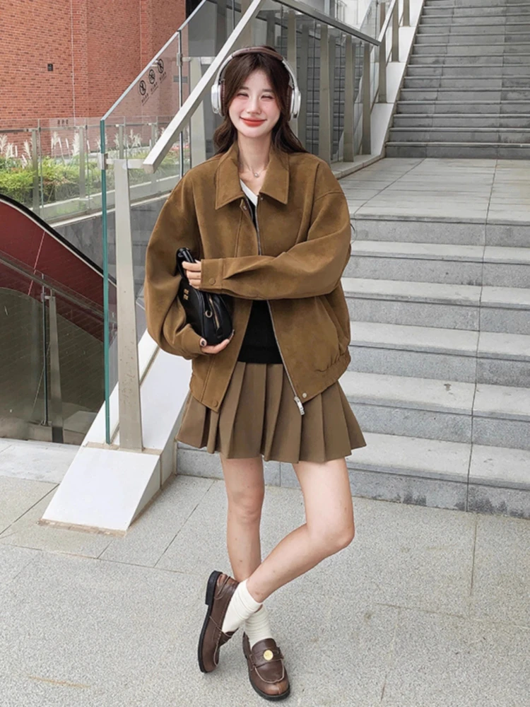 Chaqueta de béisbol de gamuza Camel para mujer, abrigo recortado de estilo universitario coreano, ropa de abrigo de gamuza sintética suave y pequeña, otoño y primavera