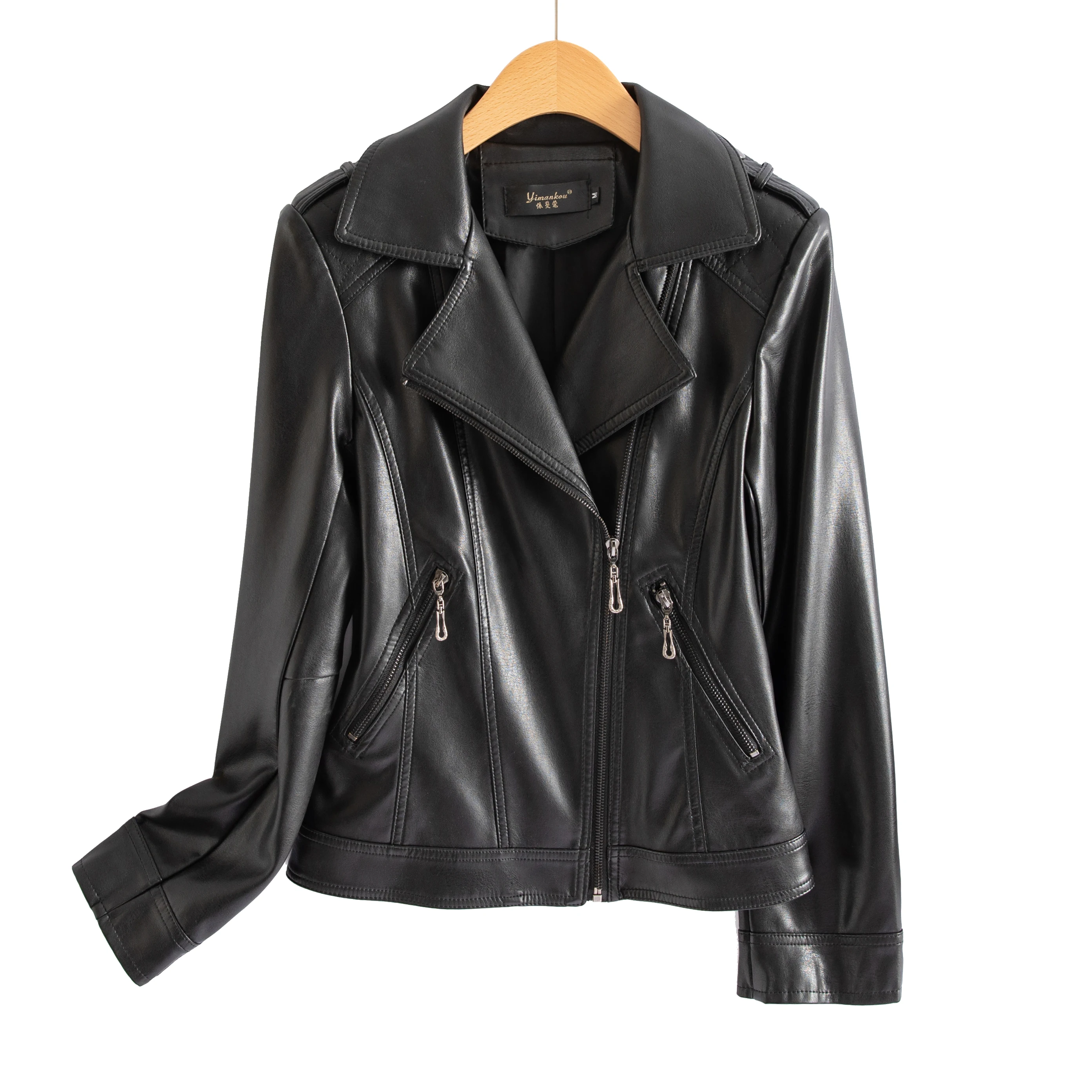   Jaqueta Feminina de Couro Genuíno Ning, Estilo Curto, Nova Coleção Primavera Outono 2025, Jaqueta de Motociclista em Pele de Carneiro Tamanho Grande para Mulheres