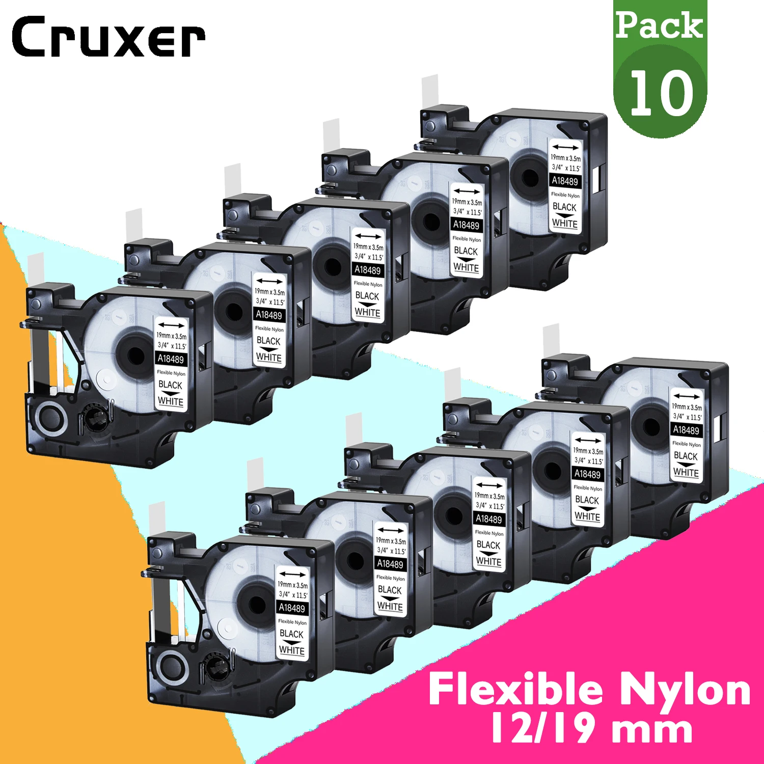 etiquetas de nylon flexiveis compativeis para dymo rhino printer preto sobre fitas de etiqueta branca e amarela 12 mm 19 mm 18488 18490 10 pcs 01