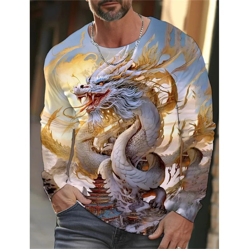 3D Printed Chinese Loong T-Shirt For Men Cool Dragon Pattern Tees Autumn Casual Long Sleeves Loose T Shirts Street O-Neck Tops