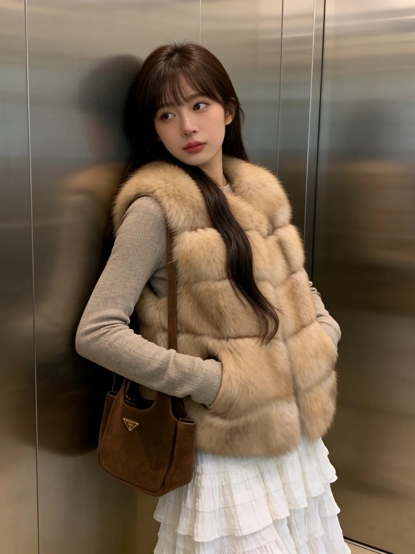 

Korean Sle ort Faux Fur Vest Outerwear Women's Autumn Winter Warm Sand Golden Color Layering Faionable Versatile Jaet