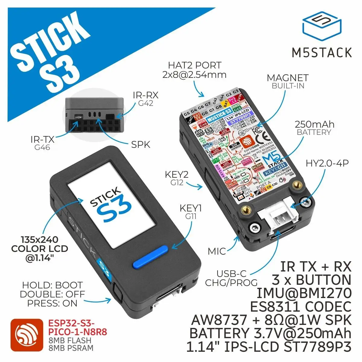 M5Stick M5Stack StickS3 StickC PLUS2 Upgraded ESP32 8MB Programmable Controller BT WiFi for IoT Project Development
