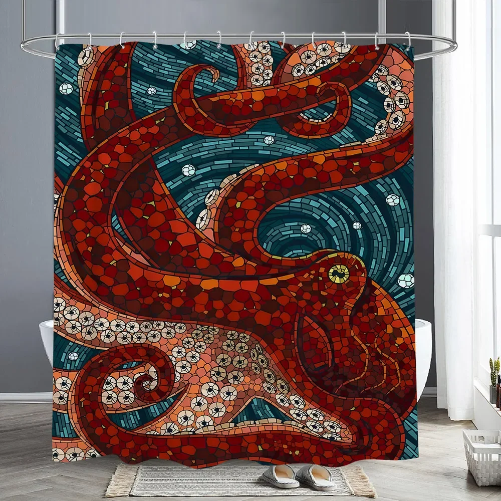 Nautical Octopus Shower Curtain Fun Giant Tentacles Sea Creatures Beach Pirate Maps Polyester Fabric Bath Curtain Bathroom Decor