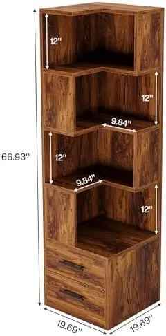 5-Tier Corner Bookshelf with 2 Drawers, 66.9-Inch Tall Corner Bookcase Shelf, Mid-Century Modern Corner Storage Cabinet