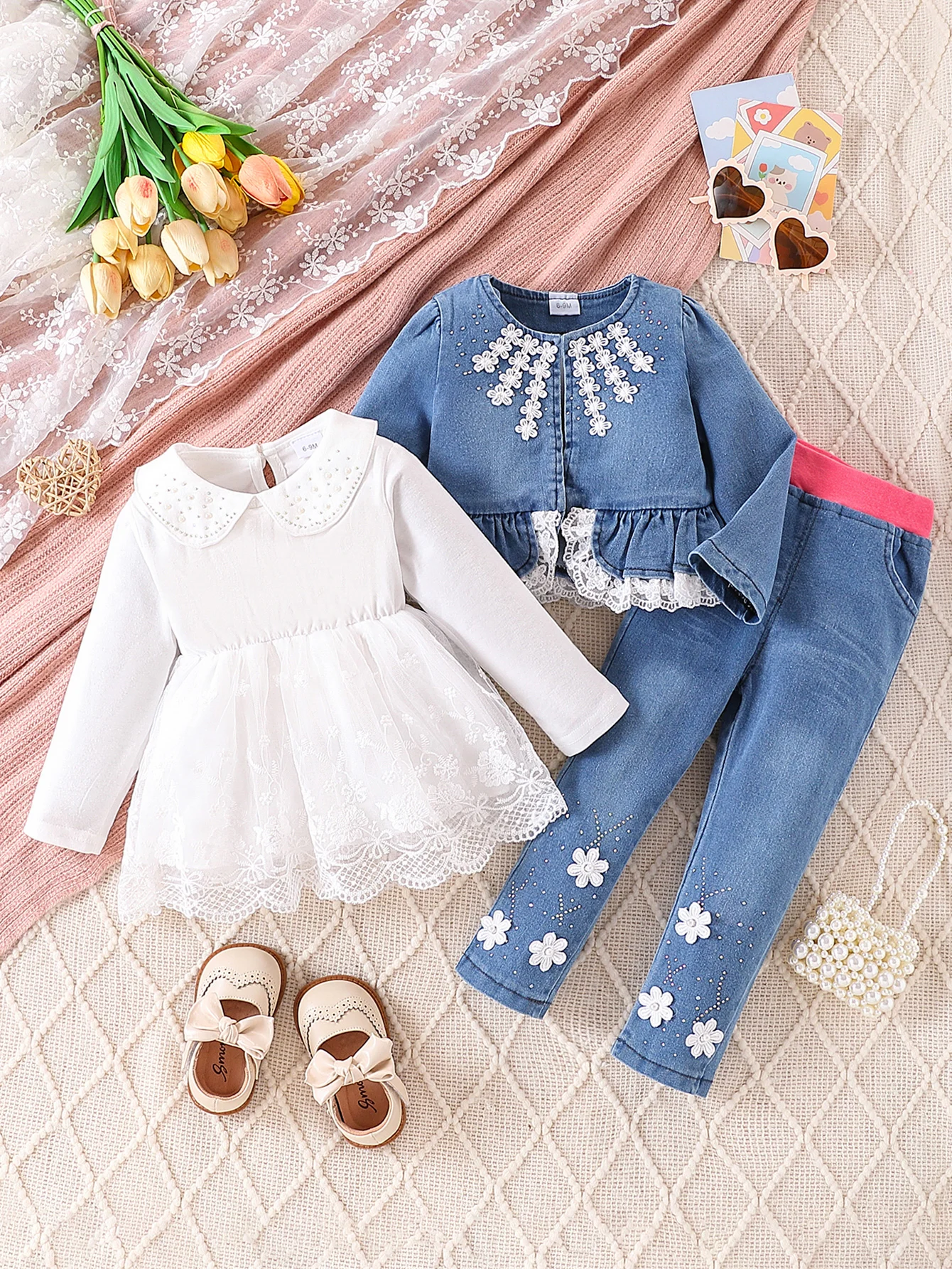 Baby Girls 3Pcs Outfit 6M-24M Lace Tulle Dress Denim Jacket Floral Embroidered Pants Toddler Princess Autumn Clothes Set