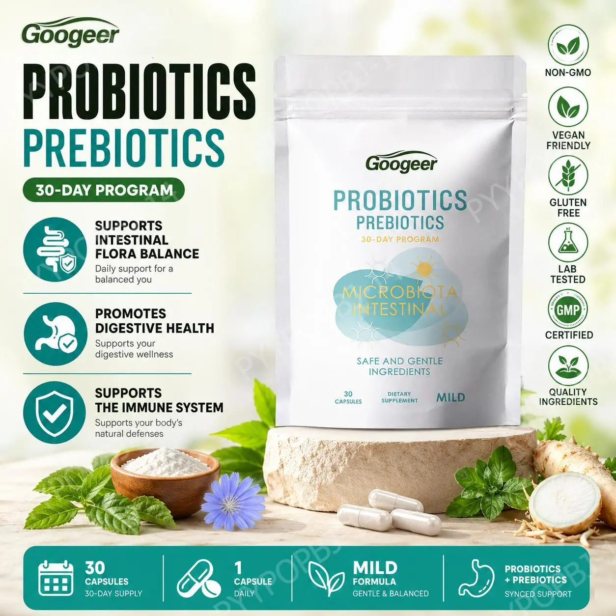 

Googeer Probiotics and Prebiotics Capsules Supports Intestinal Flora Balance and Digestive Health, Mild Daily Use, 30 Capsules
