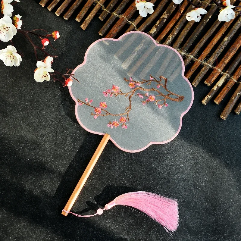 Cosxie Chinese Style Embroidery Classical Cheongsam Catwalk Long Handle Circular Fan Hanfu Double-Sided Antique Gift Photo Match