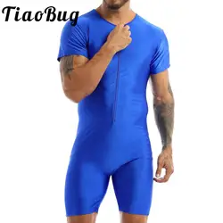 Men's One Piece Solid Leotard Gymnastic Athletic Bodysuit  Short Sleeve Zipper Glossy Boxer Unitard Swimwear Swimsuit