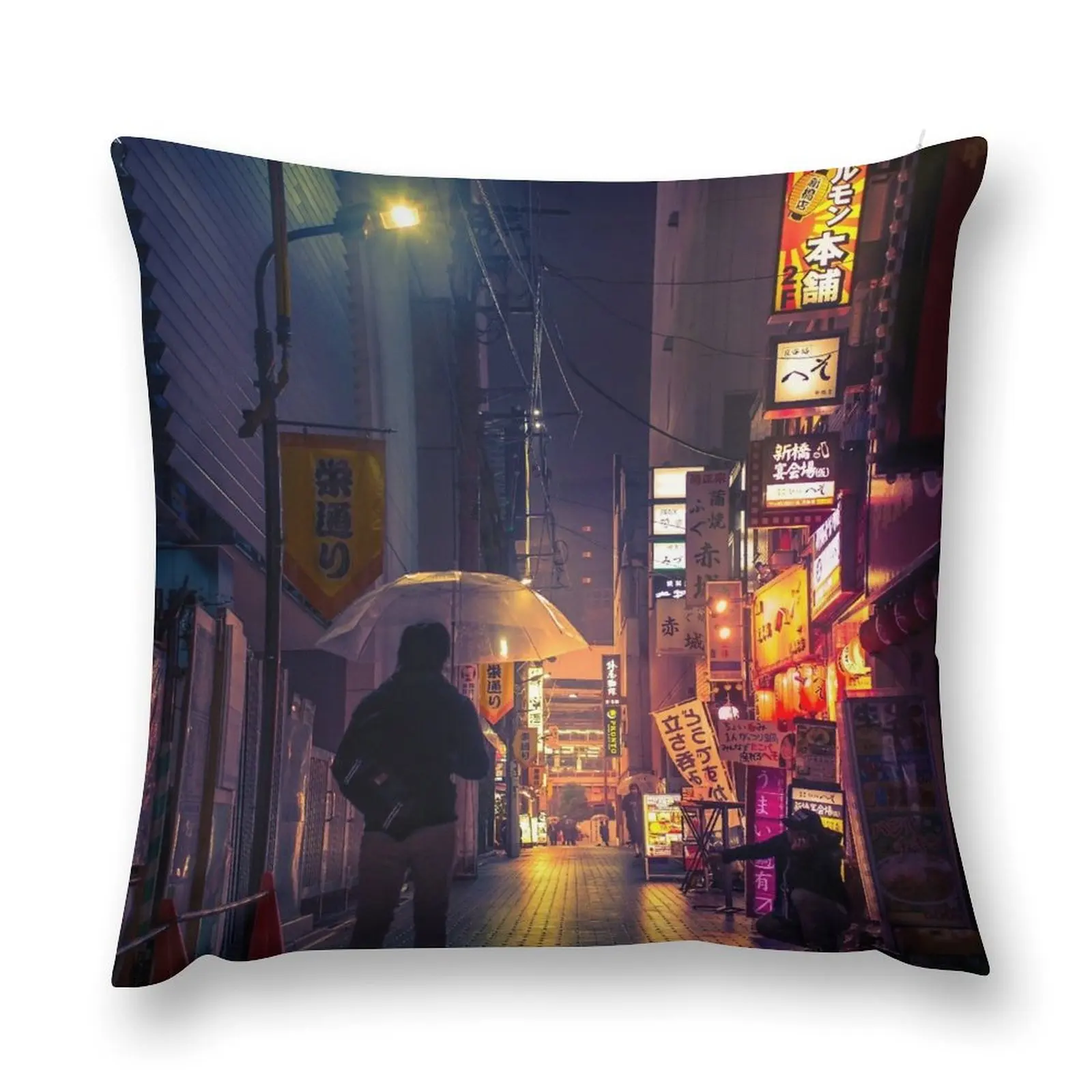 Neon Noir Street Reflecting the warm yellow and orange light from the bar area. Throw Pillow