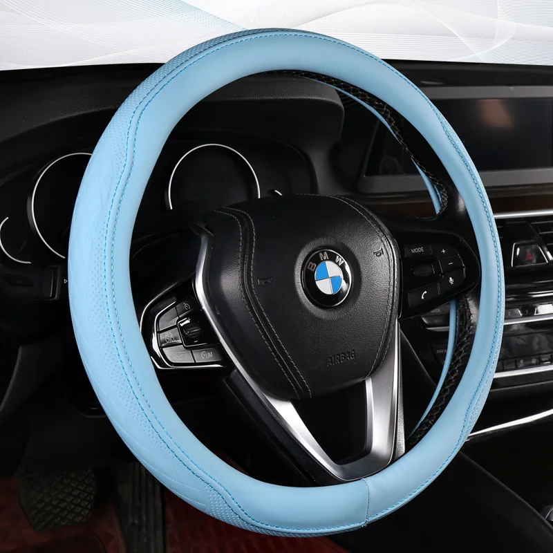 PU Leather Perforated Steering Wheel Cover Durable Leather Cover with Anti-Slip Lining, Fits 14.5-15in Diameter