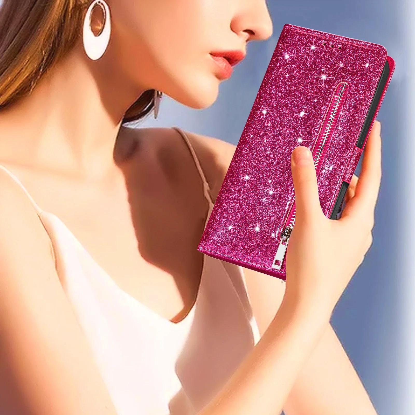 Zipper Glitter Leather Wallet Flip Case For Samsung Galaxy Z Fold 6 5 4 3 5G Cover Fold4 Bling Card Solt Pocket Purse Book Coque