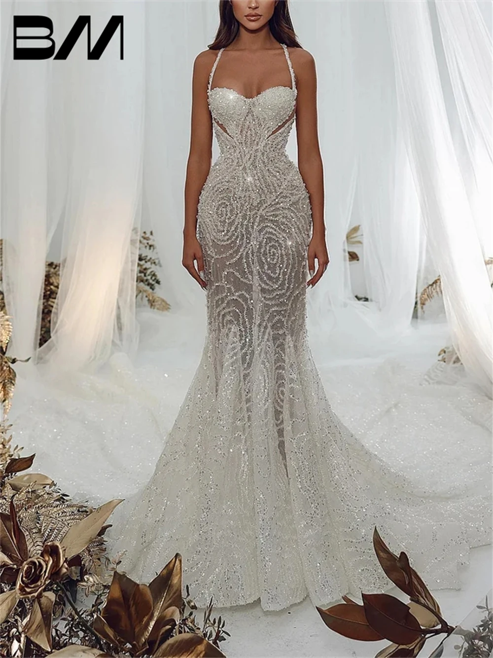 

Beads Mermaid Wedding Dress Illusion Sleeveless Court Train Luxury Women Sequined Bride Dresses 2024 Bridal Gown