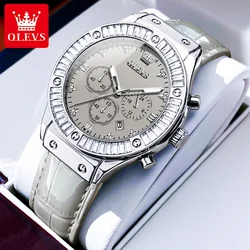 OLEVS Quartz Watch for Women Multifunction Diamond Dial Leather Strap Waterproof Chronograph Date Women's Watches 2024 Trend