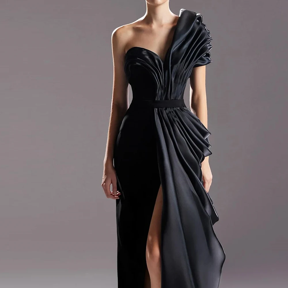 

Customized Modern Sweetheart One Shoulder Evening Dress Temperament Front Slit Jersey Satin Short Sleeves Vestido De Festa