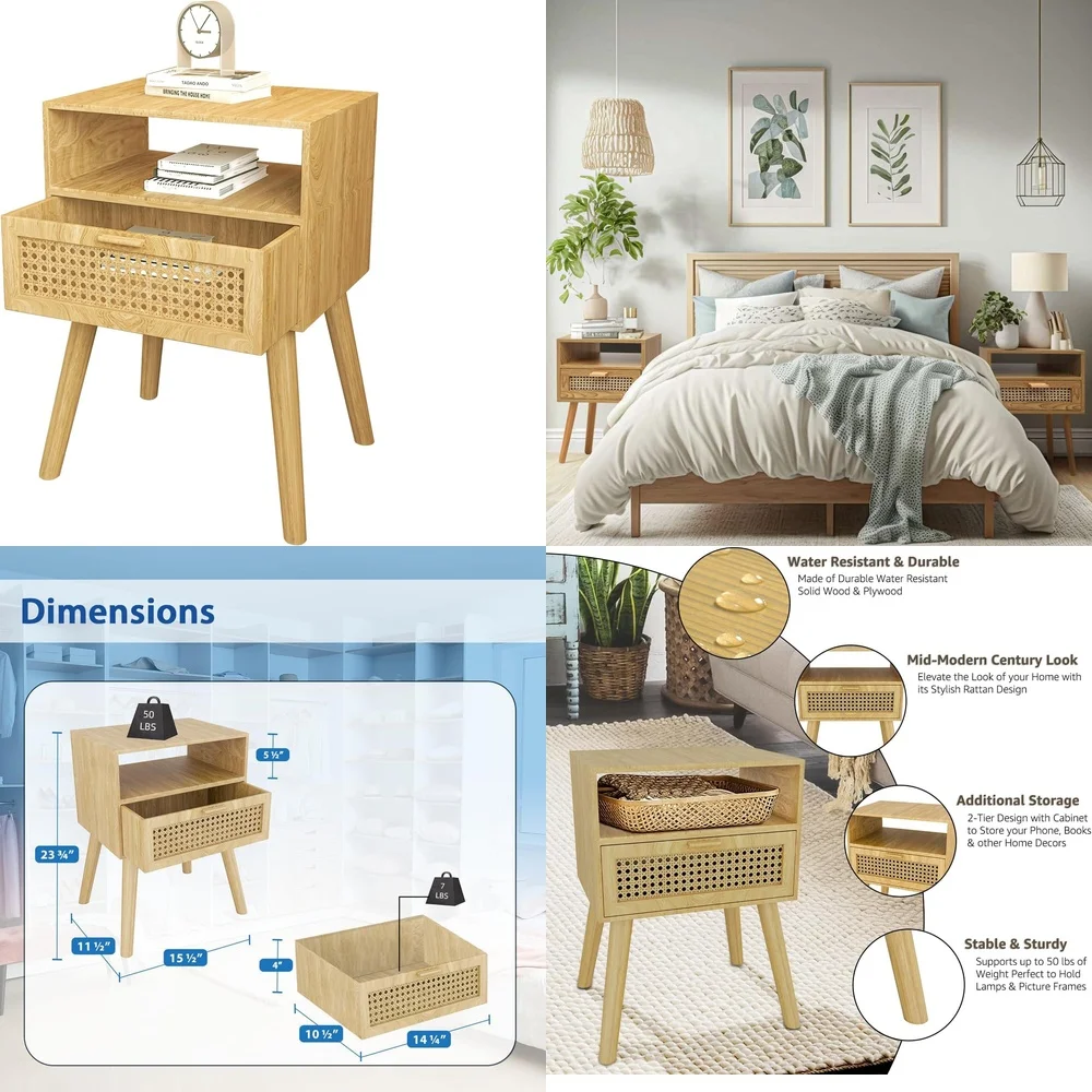 

NightstandsNightstand with Woven Rattan Door Wooden Bedside Table Storage Cabinet Small Drawer Organizer for Bedroom Modern