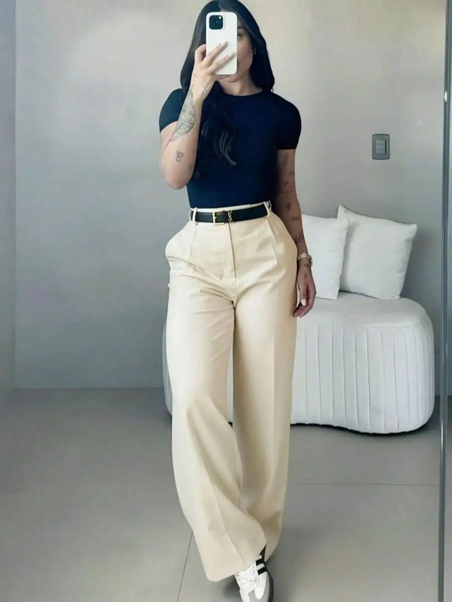 

Женские брюки с высокой талией и широкими штанинами - бежевые, однотонные, свободного кроя, для офиса и повседневной носки