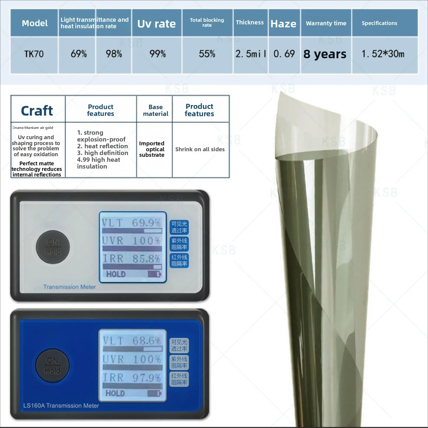 Automobile solar film, thermal insulation nano-titanium empty gold window film, strong heat reflection and explosion-proof