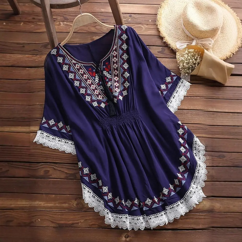 

Fashion Lace-up Tassel Bohemian Style T-shirt Embroidery Round Neck Short Sleeve T Shirt Blouses Loose Ethnic Style Tops Summer