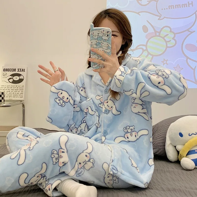 

Sanrio Cinnamoroll Kuromi Coral Velvet Pajamas Cartoon My Melody Autumn and Winter Warm Flannel Girls Cute Home Clothes Set