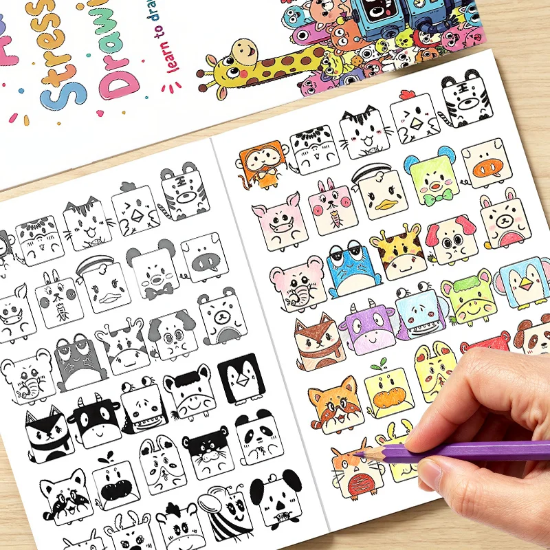 Adult Stress‑Relief Drawing & Coloring Workbook, 32 Pages Character Expressions and Patterns Sketch Book