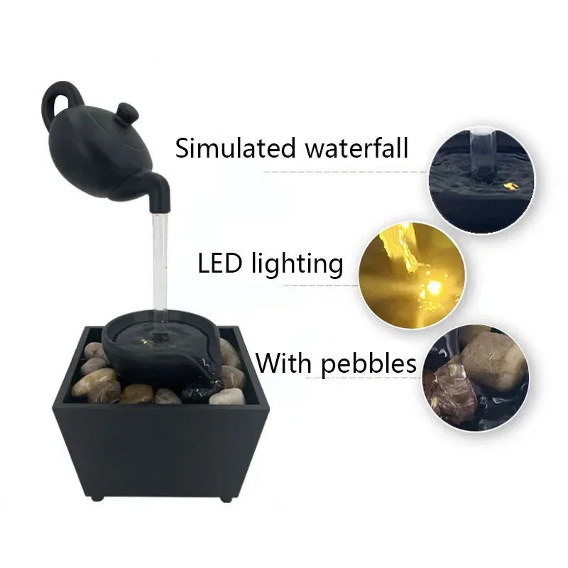 Teapot Water Fountain Ornament USB 5V Battery Power Supply Tabletop Decoration Simulation Waterfall with Led Lights and Pebbles