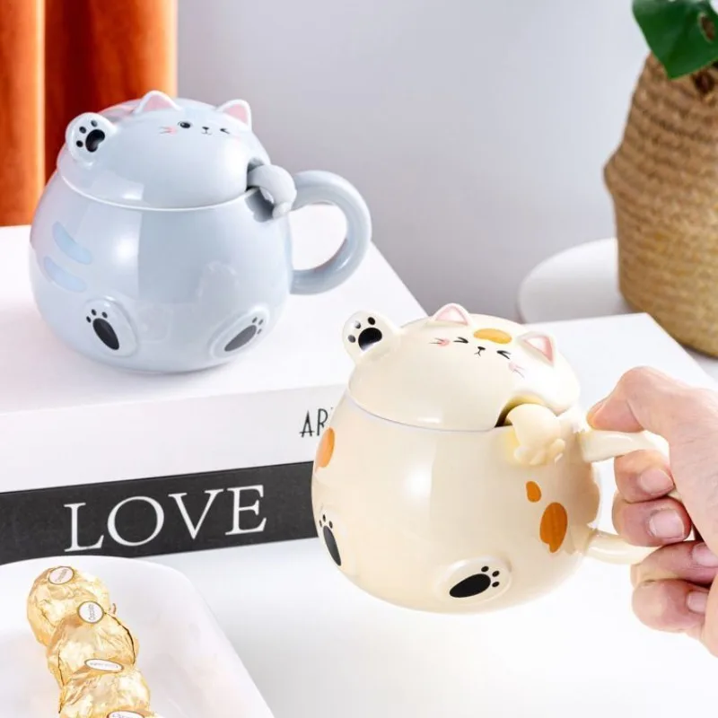 3D Cartoon Ceramic Cup with Lid, Cute and Cute, Lucky Cat Shaped Cup, Coffee Cup, Super Cute Office, Three-dimensional Drinkware