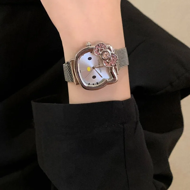 Kawaii Hello Kitty Bow Diamond Watch Sanrio Anime Fashionable Quartz Watches Cute Cartoon Magnet Watches Girls Birthday Gifts