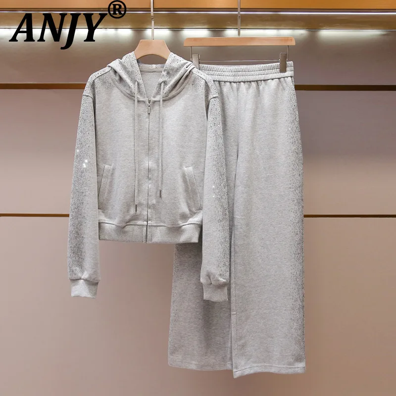 ANJY Women Casual Set High-end Heavy Diamonds Zipper Drawstring Hooded Sweatshirt Tide Elastic Waist Sport Wide Leg Pants A28524