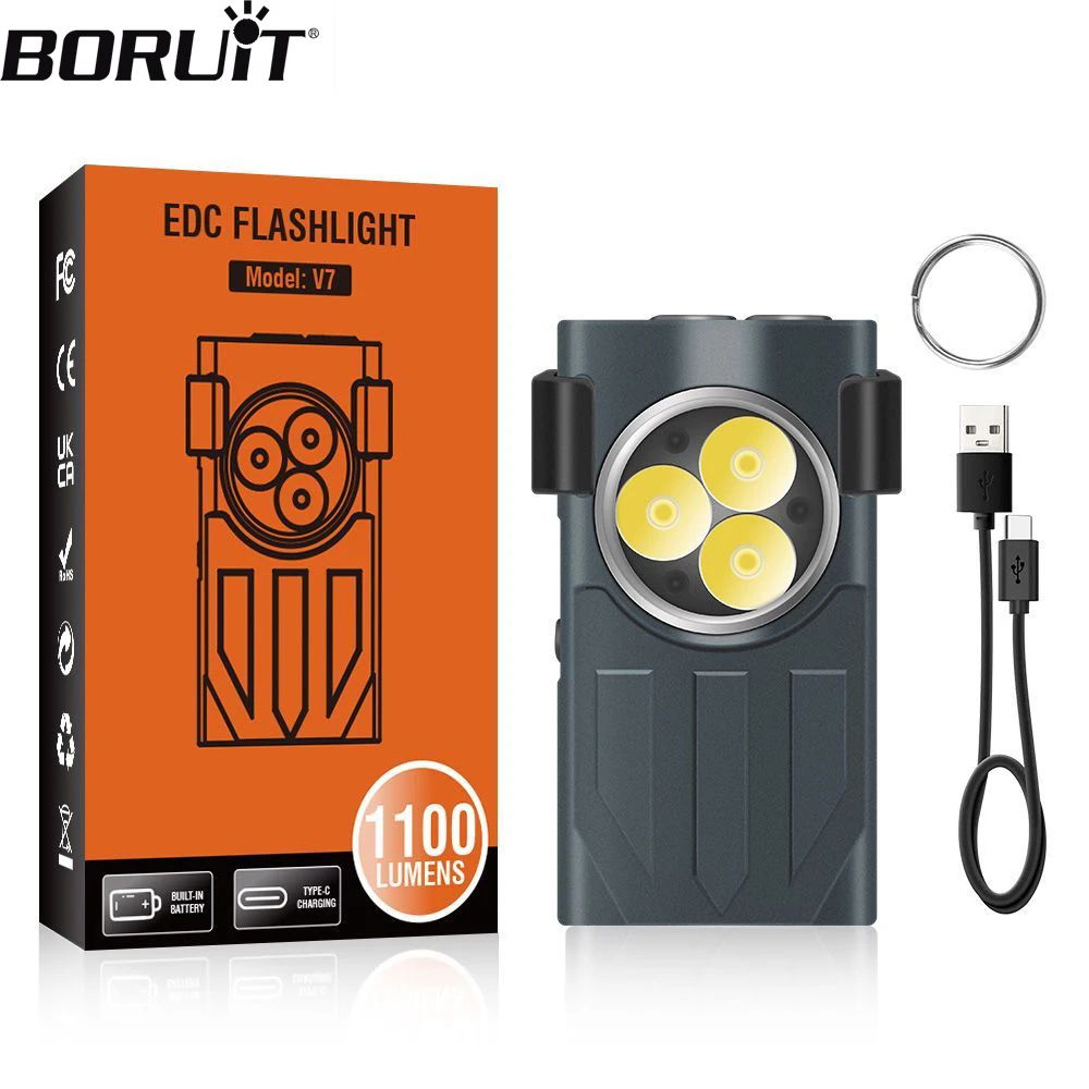 

BORUiT V7 LED EDC Keychain Flashlight 1100LM USB-C Rechargeable Mini Torch with Clip Magnet Red UV Light Camping Pocket Lantern