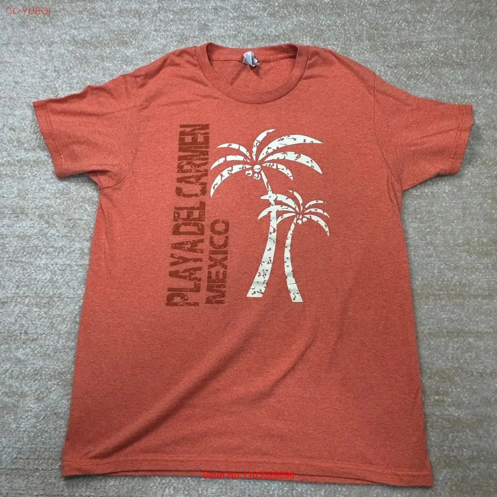 Camiseta Yazbek para Hombre, Talla M, Playa del Carmen, México, Palmera, Naranja Jaspeado, Estilo Vintage, Lavada, Elástica y Cómoda