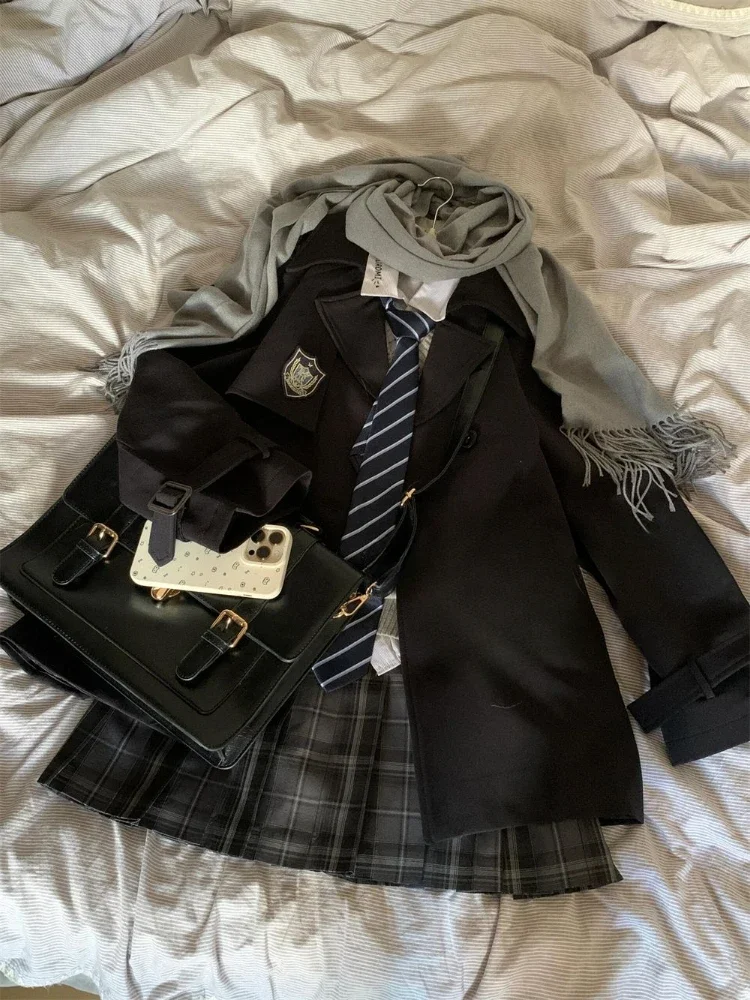 الكورية كلية نمط الإناث JK الحلو منقوشة الراقية البدلة سترة قاعدة قميص عالية الخصر منقوشة مطوي تنورة ثلاث قطع مجموعة