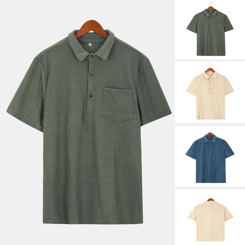 

Men's Shirts Summer Hong Kong Style Waffle Simple Solid Color Single Breasted Lapel Male Top