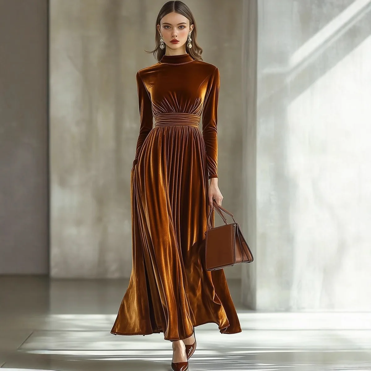 

2025 New Fashionable Waist Ruffle Dress Women Autumn Sexy And Elegant Solid Color Round Neck Long Sleeve Dresses For Women