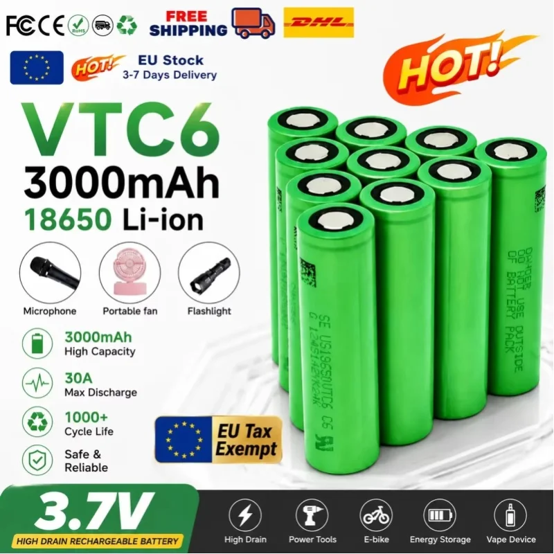 Hochwertige Original 18650 3,7V VTC6 3000mAh wiederaufladbare Lithium-Batterie, 25A Entladestrom, geeignet für langlebige und sichere Stromversorgung von LED-Taschenlampen