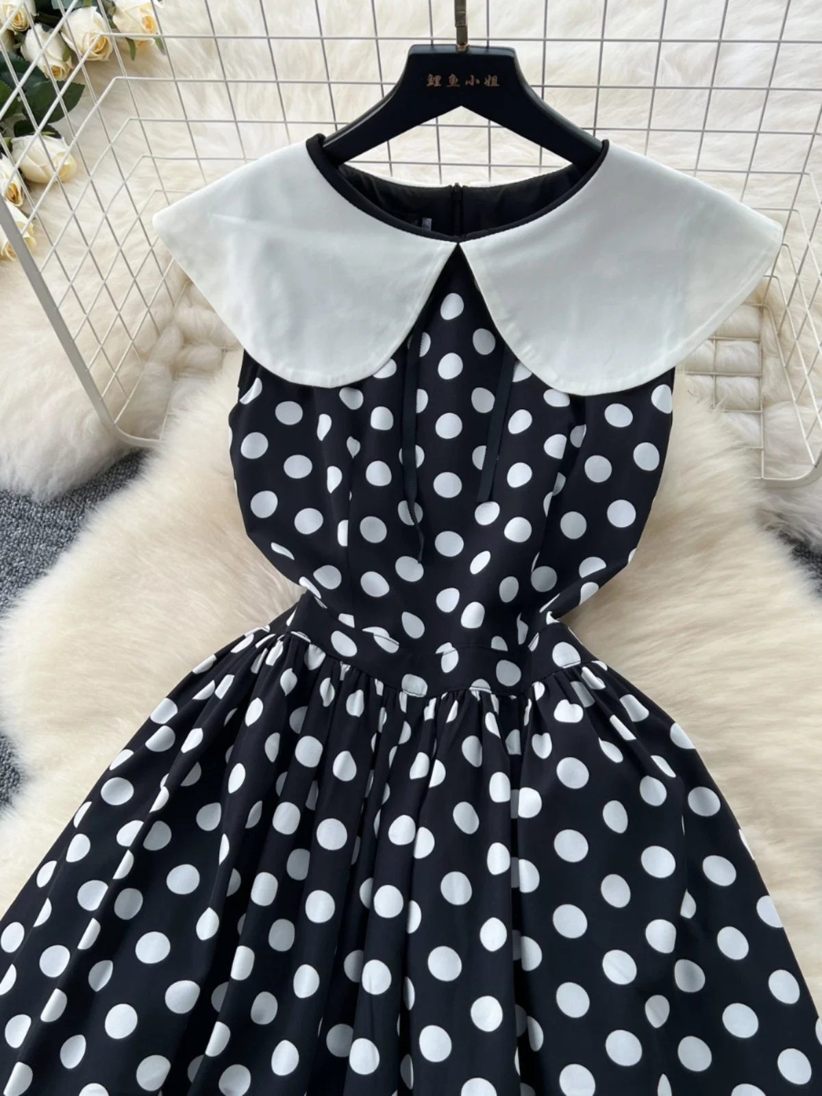 Ofallsis French Contrasting Color Doll Neckline Polka Dot Dress 2024 Summer New Slim Temperament Pleated Large Hem Long Dresses