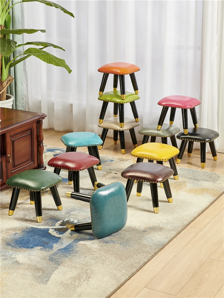 Creative Leather Small Stool Adult Household Stool Solid Wood Square Stool Children's Shoe Stool Low Stool