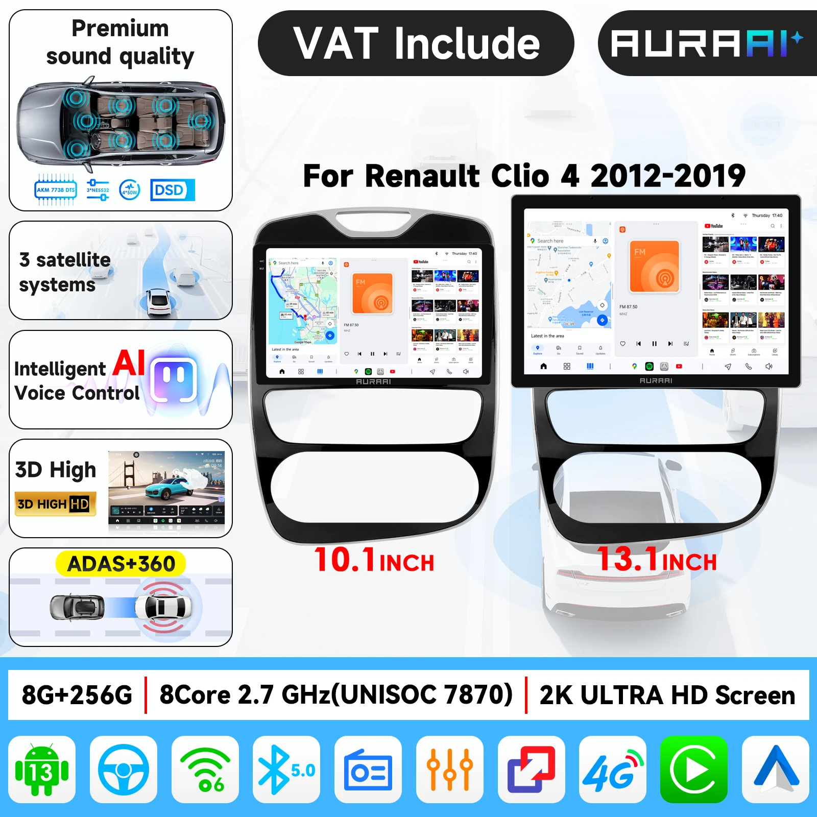 Radio para Auto AURA AI de 13.1'' con Pantalla 2K, 2.7Ghz*8, para Renault Clio 4 2012-2019, Multimedia, Video, Estéreo, Carplay, Android Auto, Sistemas de IA, Pantalla 1920*1200, Ultra 3D, Interfaz de Alta Calidad, Radio en Línea, Amplificador TDA7708,7851, AKM 7738 DTS, con Advertencia de Seguridad al Estilo Tesla