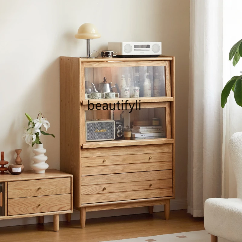 

Solid Wood Side Cabinet Simple Oak Chest of Drawers Flip Door Locker Home Small Apartment Living Room Display Cabinet