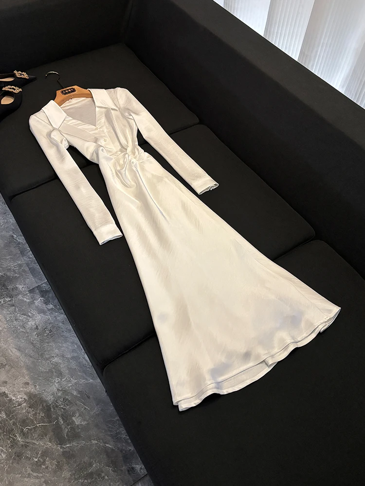 

Ele V-Ne irt Dr Женское платье с застежкой на талии, длинная юбка Fi Tail из мягкой ткани, весна-осень Ci Commute