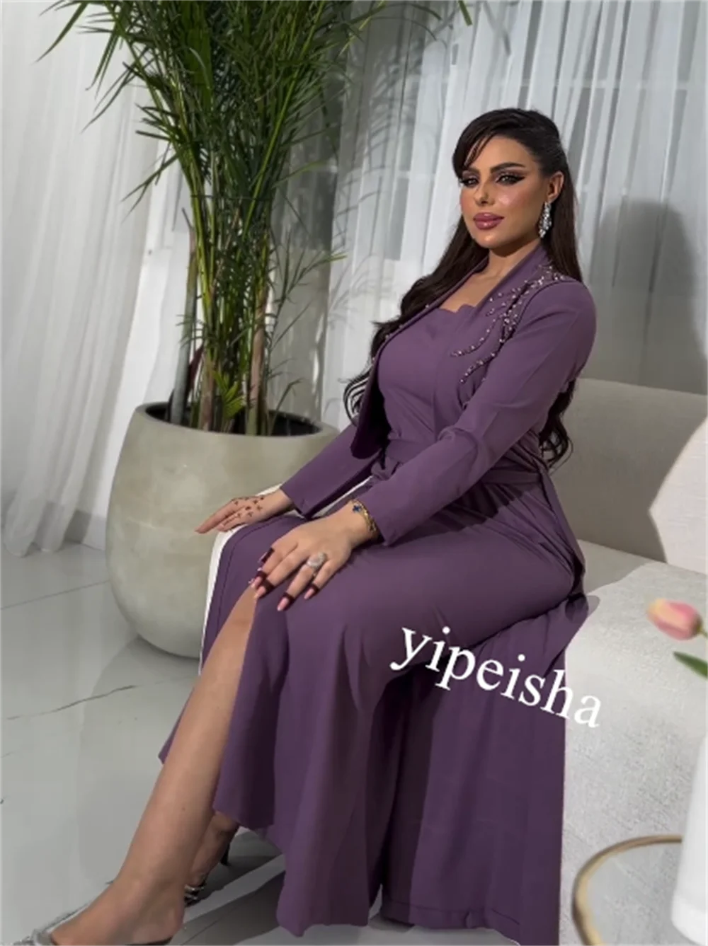 Evening Jersey Tassel Rhinestone Cocktail Party A-line Square Neck Bespoke Occasion Gown Midi Dresses Saudi Arabia