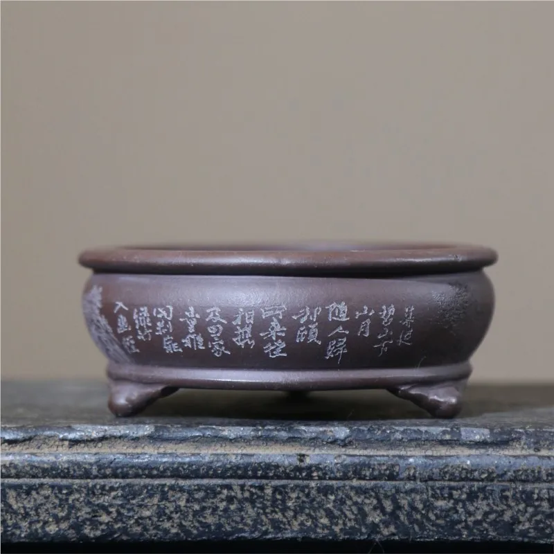 Purple Clay Flower Pot Handmade Pot Landscape Painting Handmade Pot Palm Sized Pot Plant Circular Mini Desktop Flower Bonsai Pot
