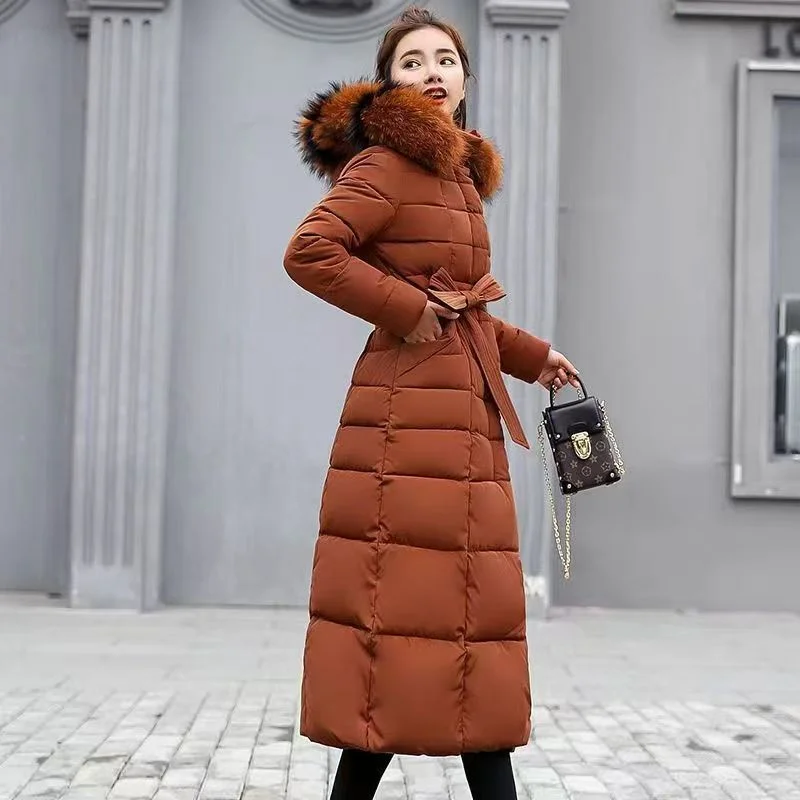 2024 Winter cotton-padded women long knee-length Korean version cotton-padded coat fur collar thickened down cotton-padded coat