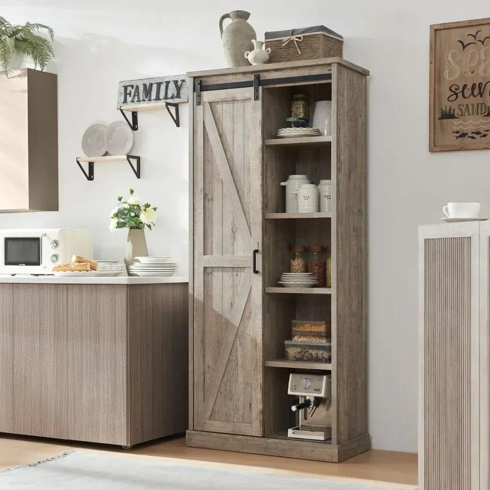 

72" Tall Farmhouse Kitchen Pantry with Sliding Barn Door, Large Wood Kitchen Storage Cabinets with Adjustable Shlef