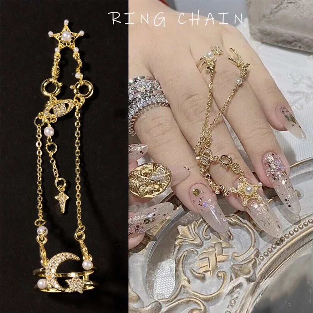 Silver Shiny Crown Metal Pendant Tassel Zircon Nail Art Decorations Moon Star Chain Nail Rhinestone Nail Ring Jewelry