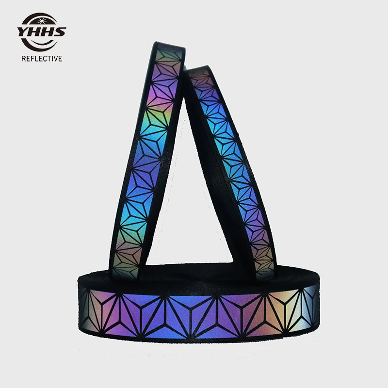 Alta Visibilidade Nylon Geometric Pattern Tape Rainbow Reflective Webbing Costura em Roupas