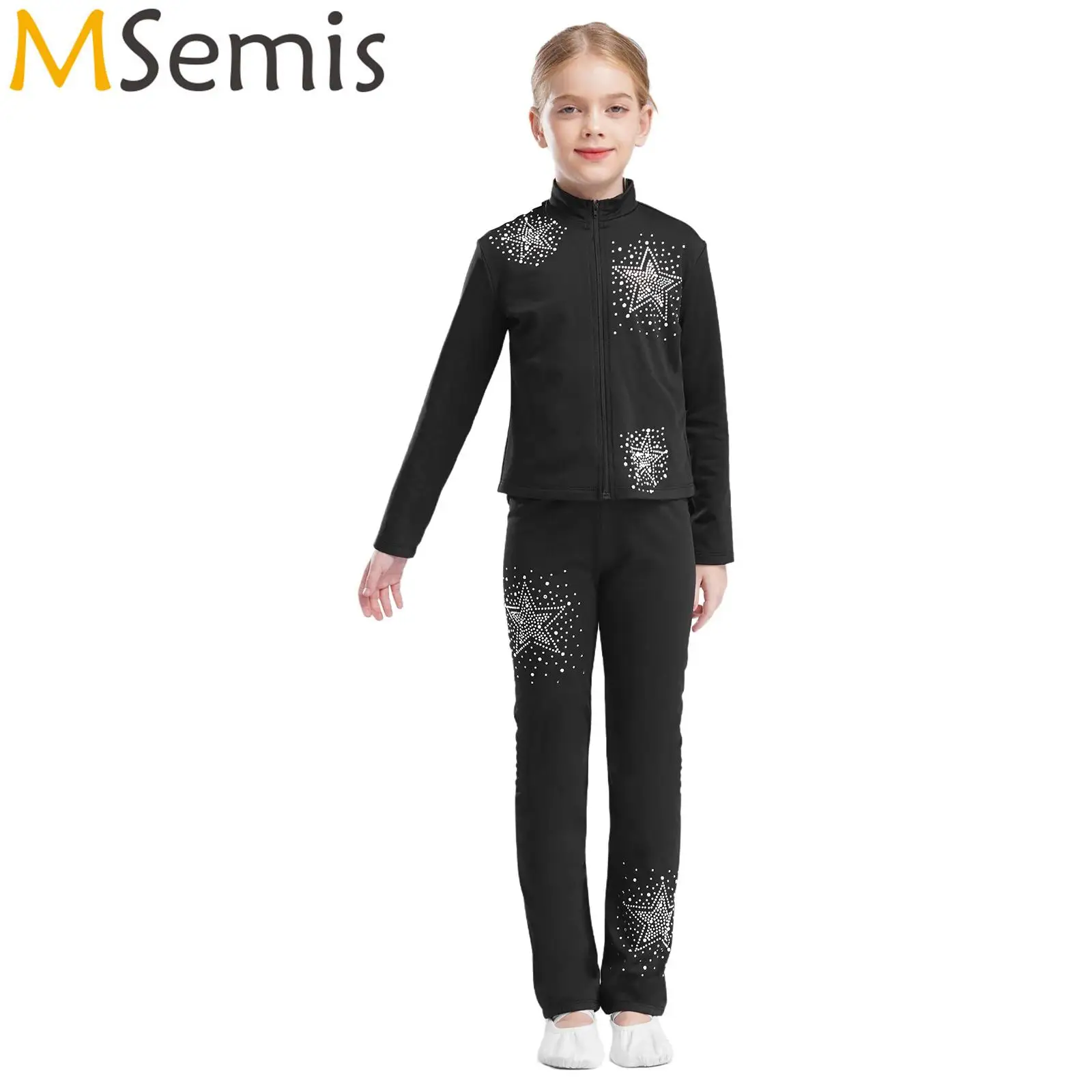 Kids Girls Gymnastics Figure Skating Costume Skaters Jacket Zipper Shiny Rhinestone Stars Sweatshirt Outerwear with Leggings