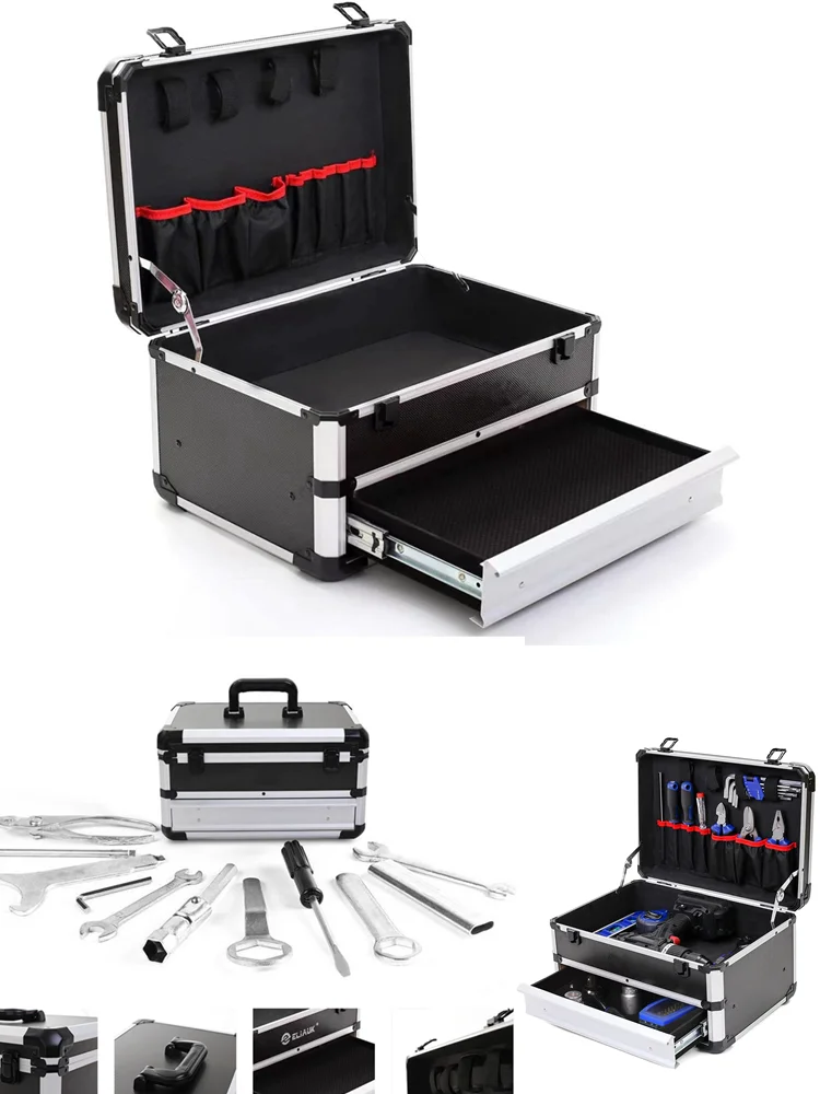 Aluminum Tool Box with Drawer 2-stage Portable Metal Tool Case Suitcase Professional Electrician Box Hardware Tools Storage Case